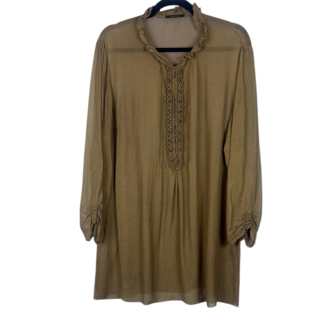 Elie Tahari Classic Silk Taupe High Ruffled Neckline Sheer Tunic Medium Blouse